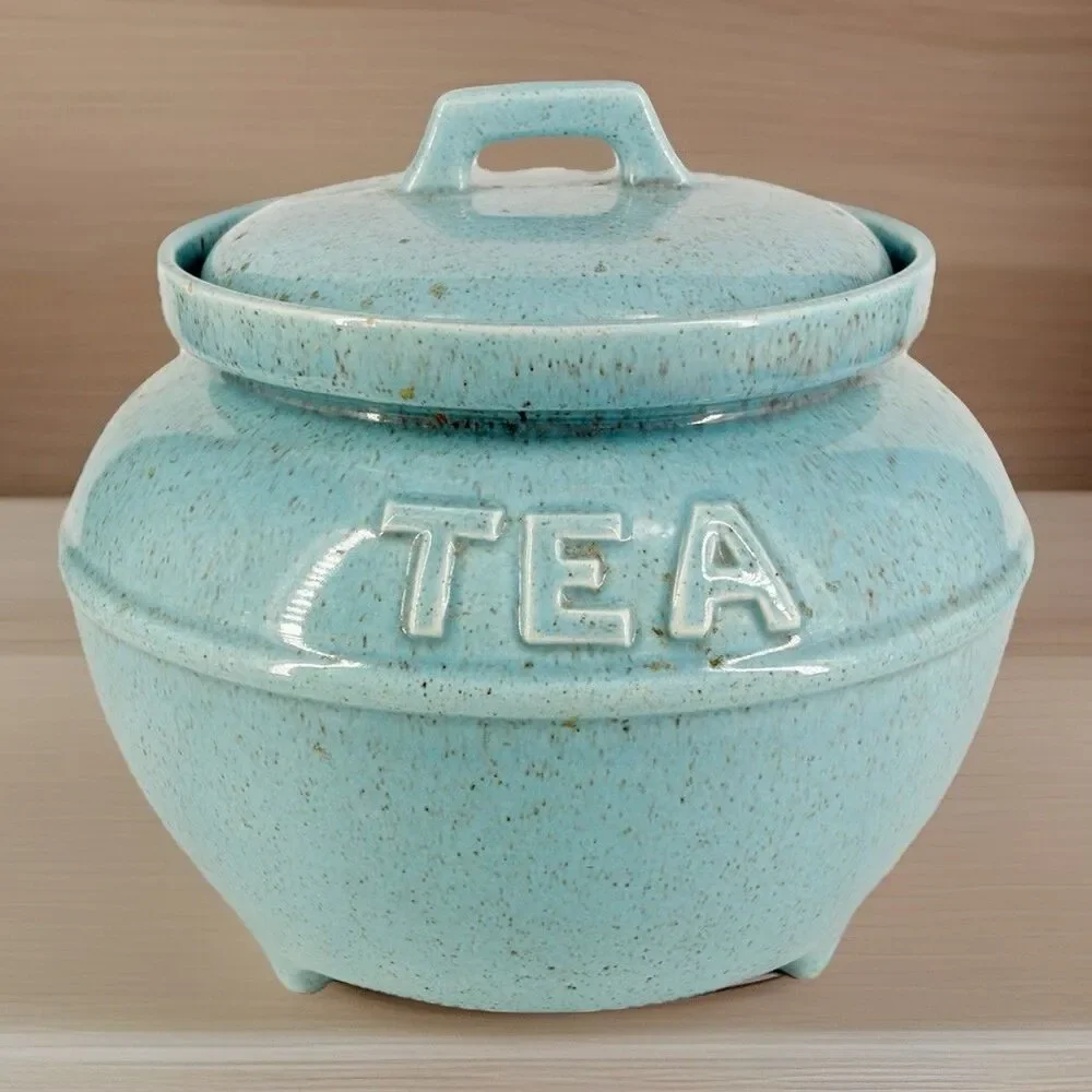 MCM California Pottery USA Tea Canister Vintage Ceramic Speckled Blue Footed